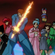 A teen delinquent in a blue school uniform holds a spectral sword in from of his school friends.